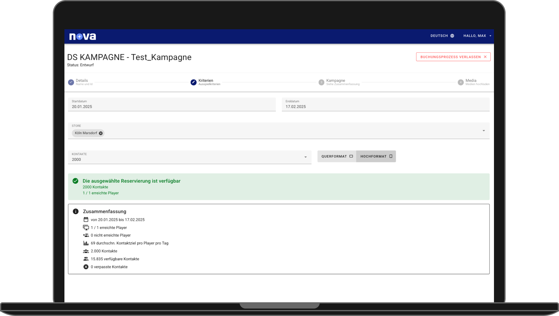 nova Screen Auslastungsfeedback